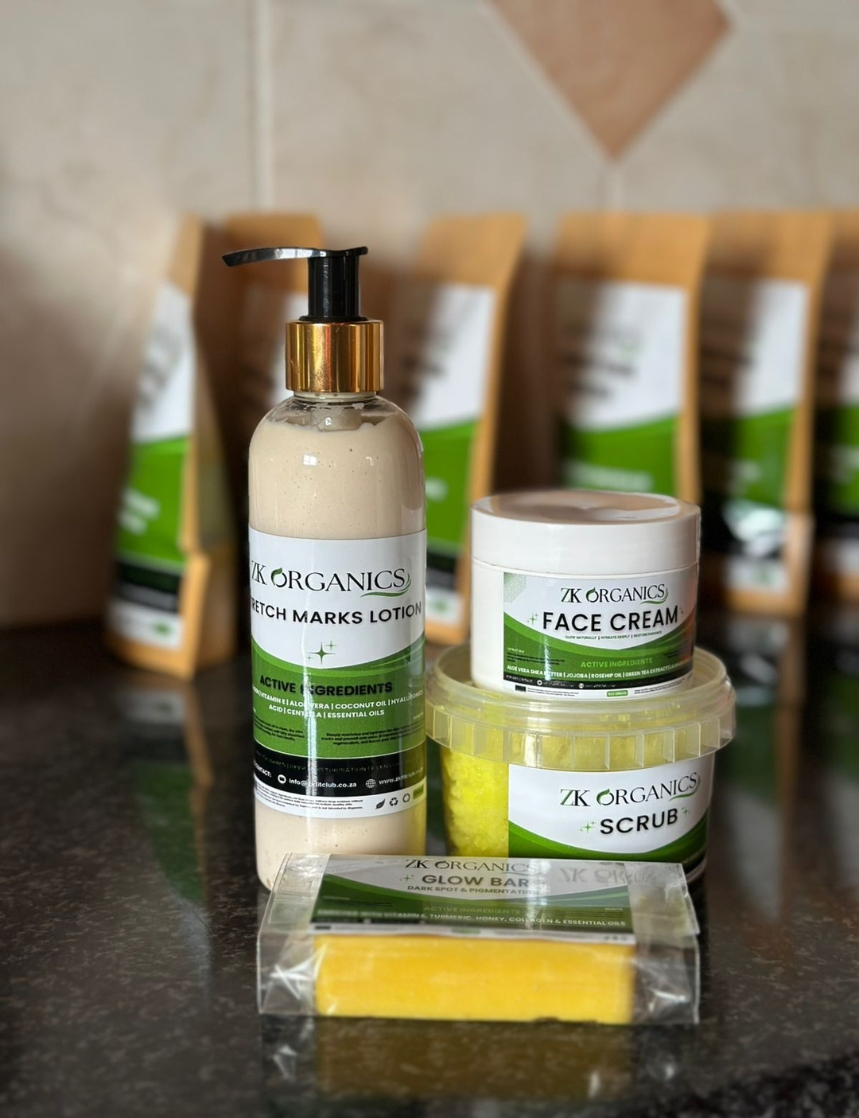 Stretch Marks Lotion, Face Cream, Glow Bar & Scrub